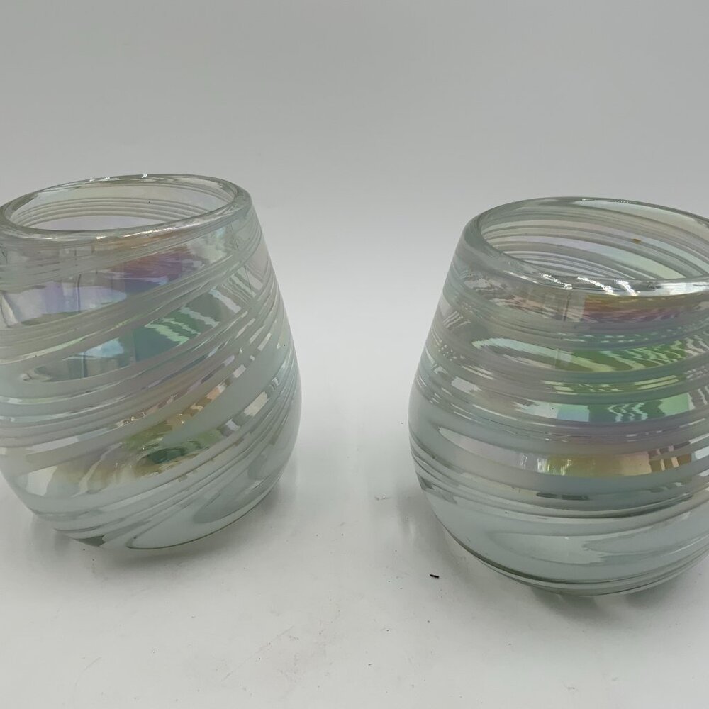 Pair of Hand-Blown Stemless Wine Glasses Iridescent Swirl White Spiral